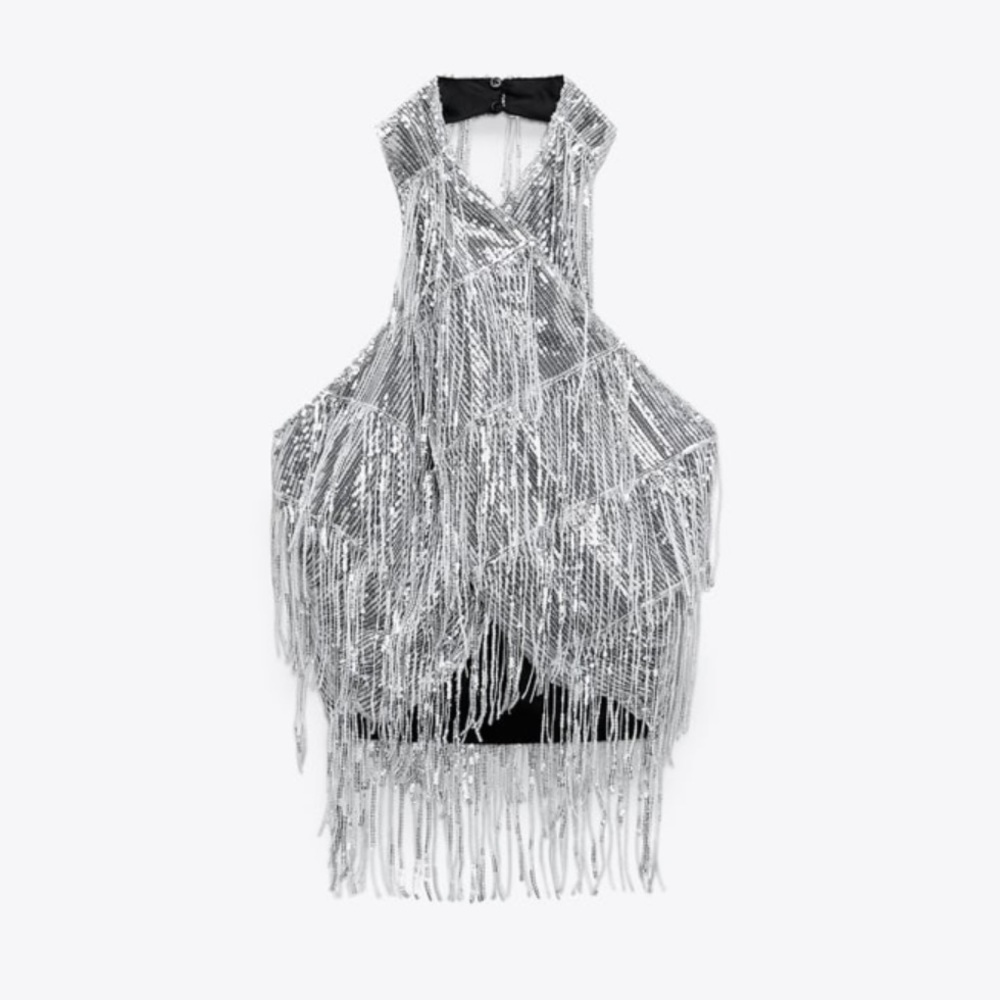 Zara Silver Sequin Fringe Halter Crop Top - Picture 9 of 12